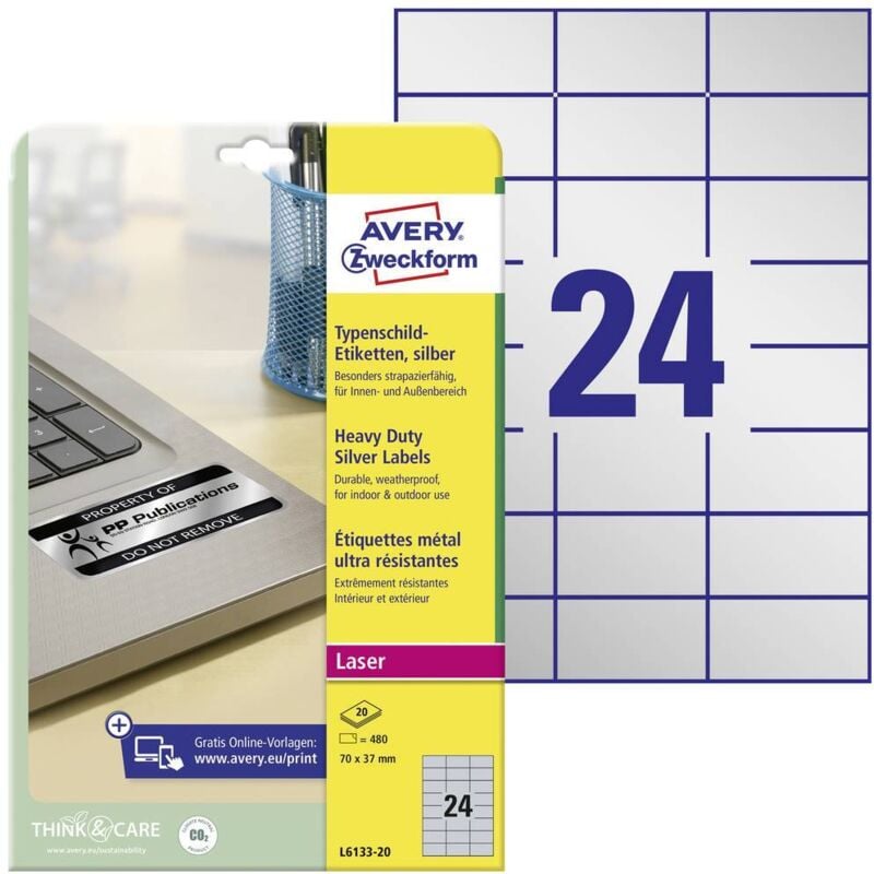 foto del prodotto avery zweckform avery zweckform l6133 20 etichetta per cartellini e targhette 70 x 37 mm pellicola in poliestere argento 480 pz. a tenu