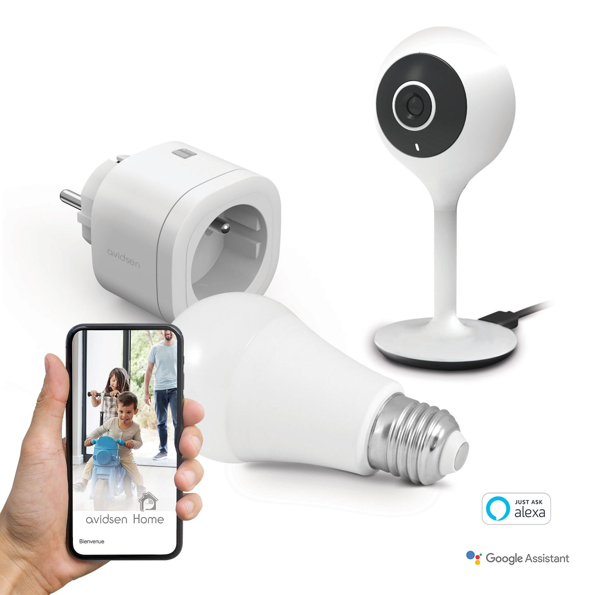 foto del prodotto avidsen home start connect kit presa collegata telecamera fissa collegata lampadina collegata 