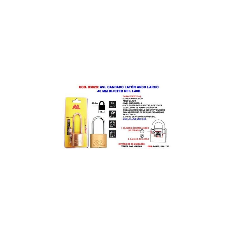 foto del prodotto avl lucchetto finstock in ottone arco lungo blister 40mm