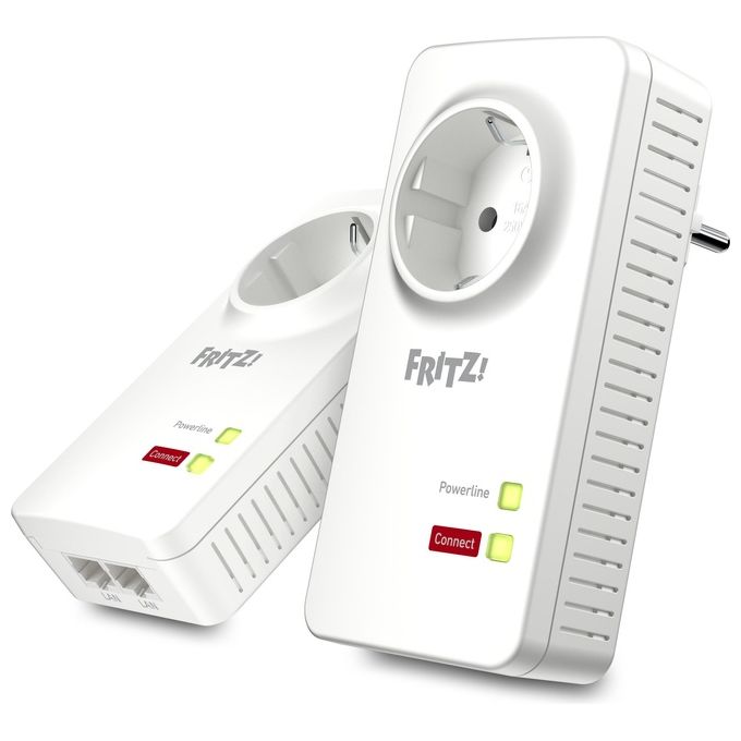foto del prodotto avm fritz powerline 1220e set di 2 adattatori con presa passante fino a 1200 mbps 2 porte lan gigabit plug and play eco mode