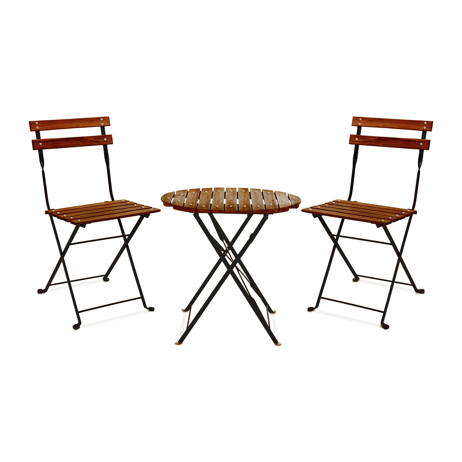 foto del prodotto avolio bistrò - set da giardino con tavolino e 2 sedie pieghevoli in acciaio e legno con finitura effetto teak. bistrot set da esterno in stile retrò.