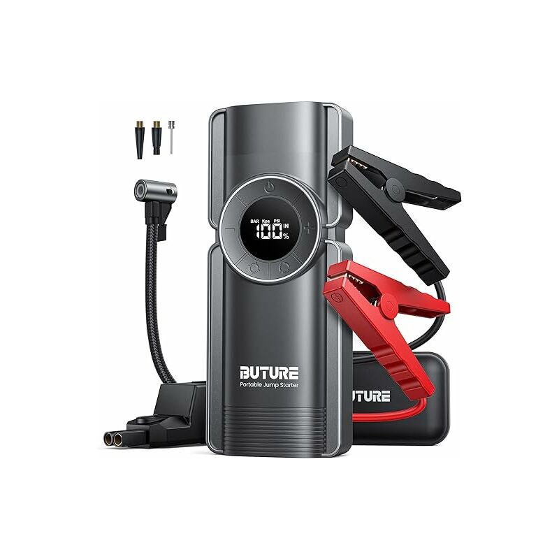 foto del prodotto avviatore batteria auto, 2500a 20000mah avviatore emergenza per auto,150 psi 10,3 bar compressore portatile per 8,5l benzina e 8l diesel motori