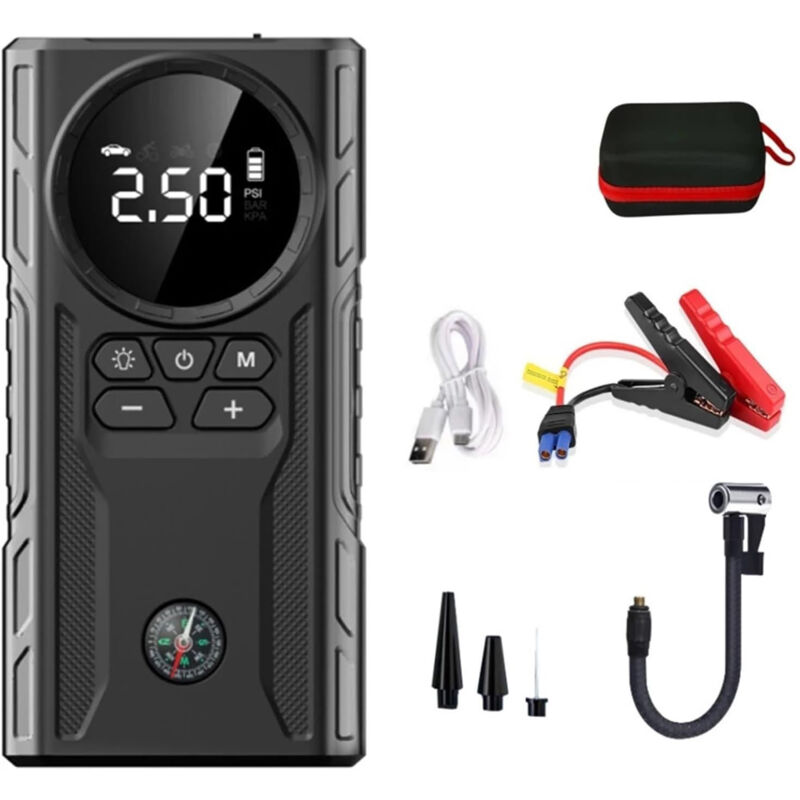 foto del prodotto avviatore di emergenza per batteria auto 2500a 20000mah con compressore, display lcd, nero