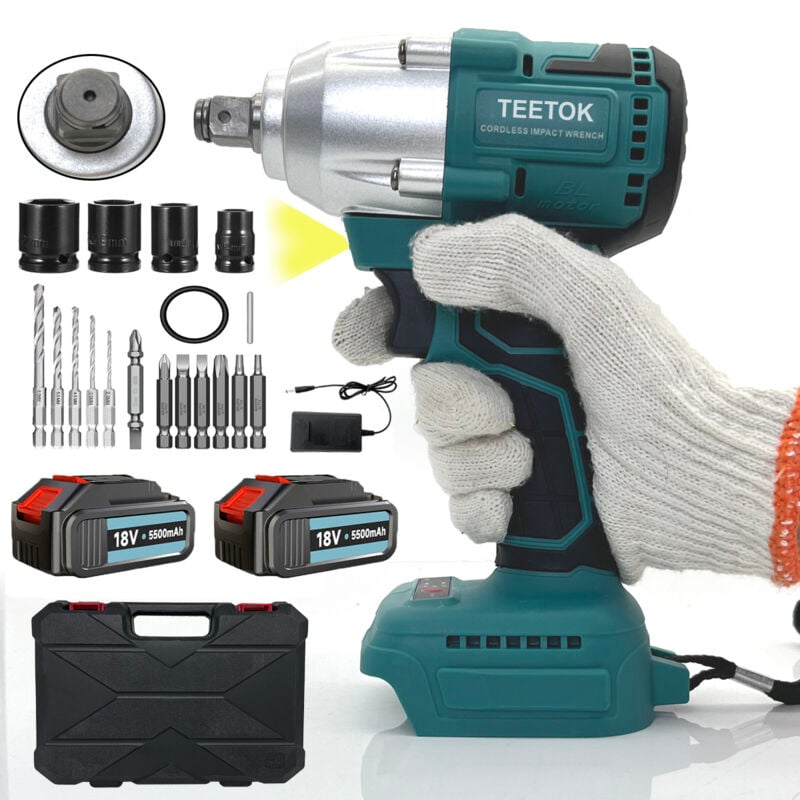 foto del prodotto avvitatore a batteria 450 nm coppia elevata, motore brushless, con 2 batterie al litio da 5,5 ah, adatto per auto familiari, 4 prese, 5 trapani, 7