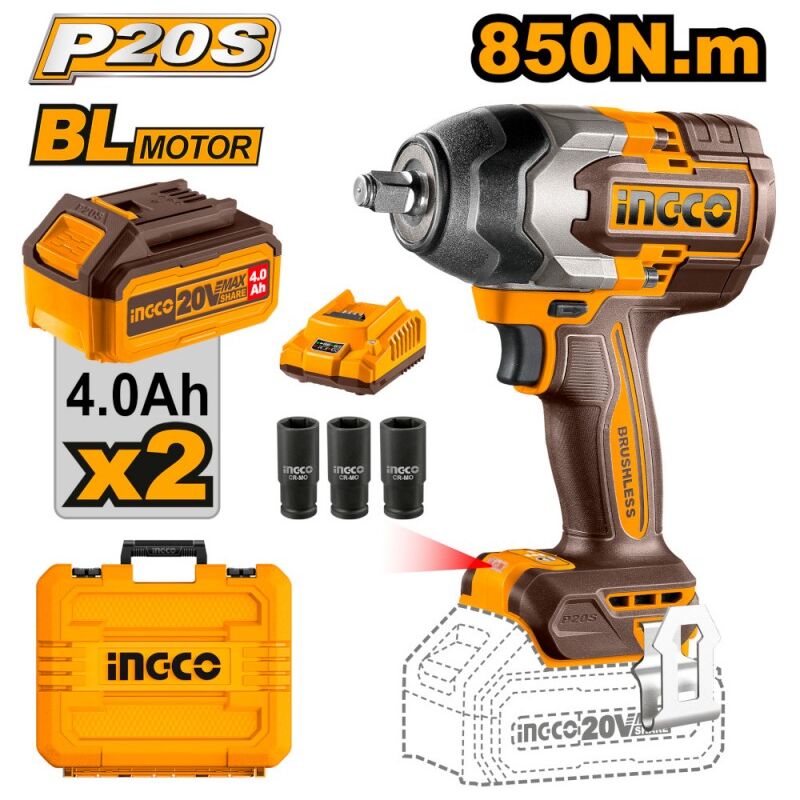 foto del prodotto avvitatore a impulsi 850nm 1 2 con 2 batterie 4ah ingco ciwli2085