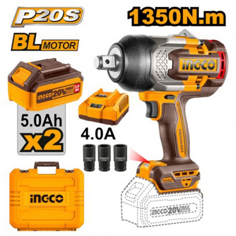 foto del prodotto avvitatore a impulsi a batteria 20 v 3 4 1350 nm 2 batterie 5ah brushless ingco