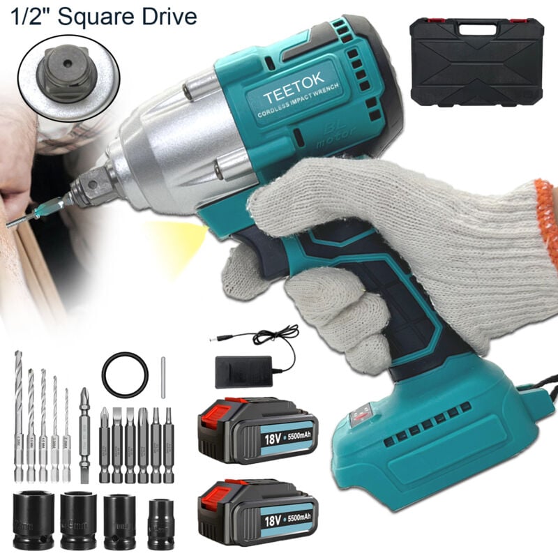 foto del prodotto avvitatore a percussione, avvitatore a batteria senza spazzole da 1 2 pollice coppia massima 450 nm, 3000 giri min con 2 batterie da 5,5, 4 prese, 5