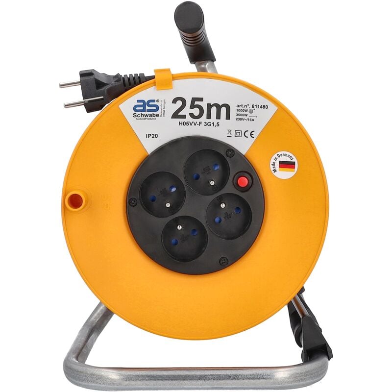 foto del prodotto avvolgicavo 25 m, avvolgicavo con 4 prese di corrente incorporate bf e spina a contatto di protezione, avvolgicavo 230 v 16 a, ip20, arancione,