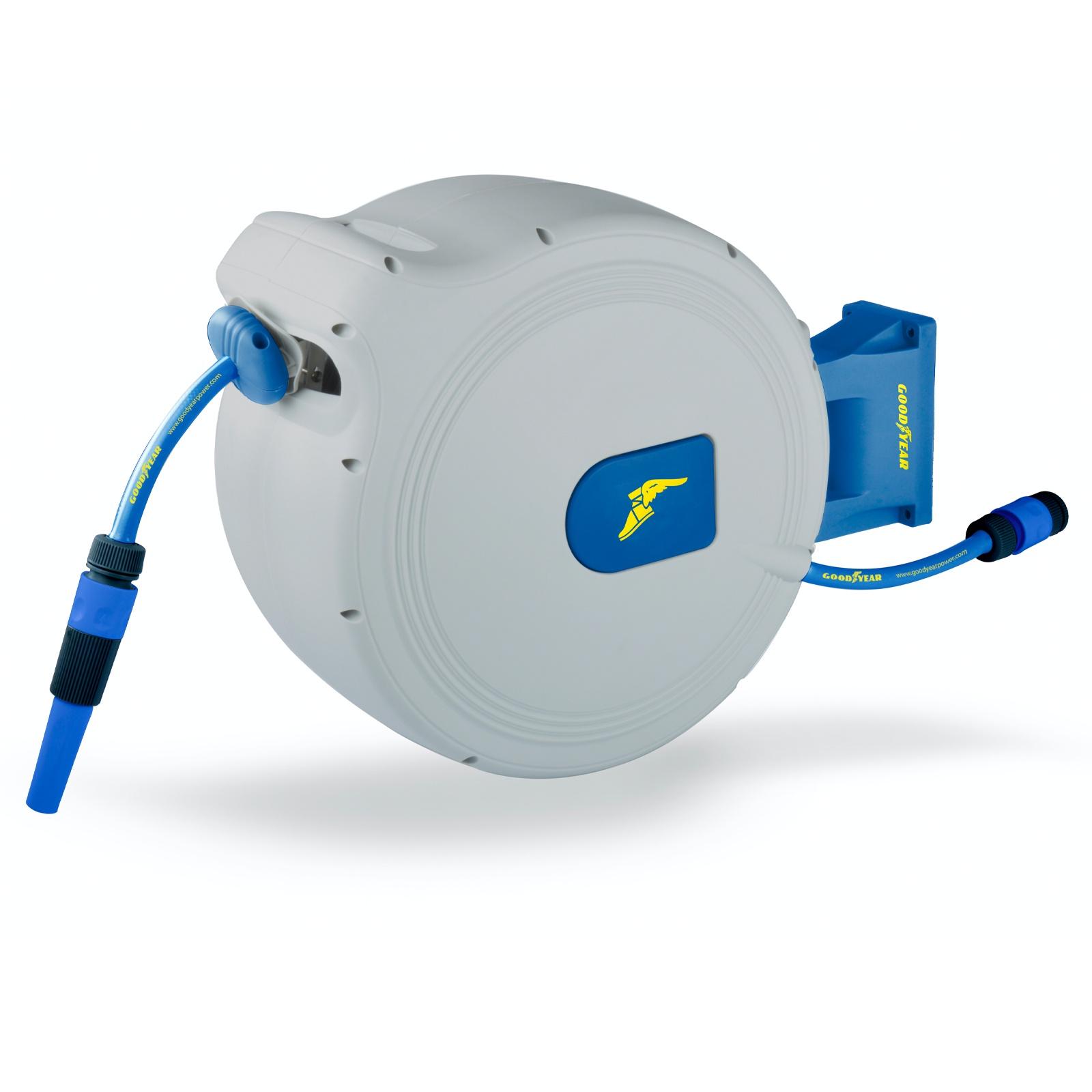 foto del prodotto avvolgitubo automatico 30 metri. supporto per tubo da giardino a parete con rotazione a 180 goodyear