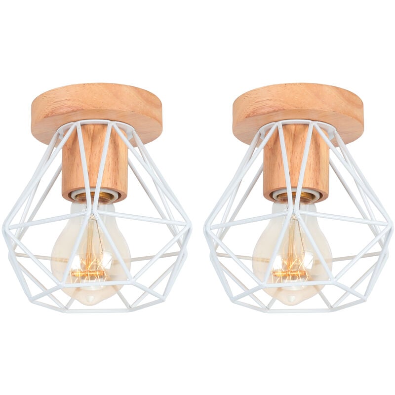 foto del prodotto axhup 2 pezzi lampada da soffitto interno industriale lampadario con portalampada e27 in ceramica gabbia diamante in metallo e legno bianco