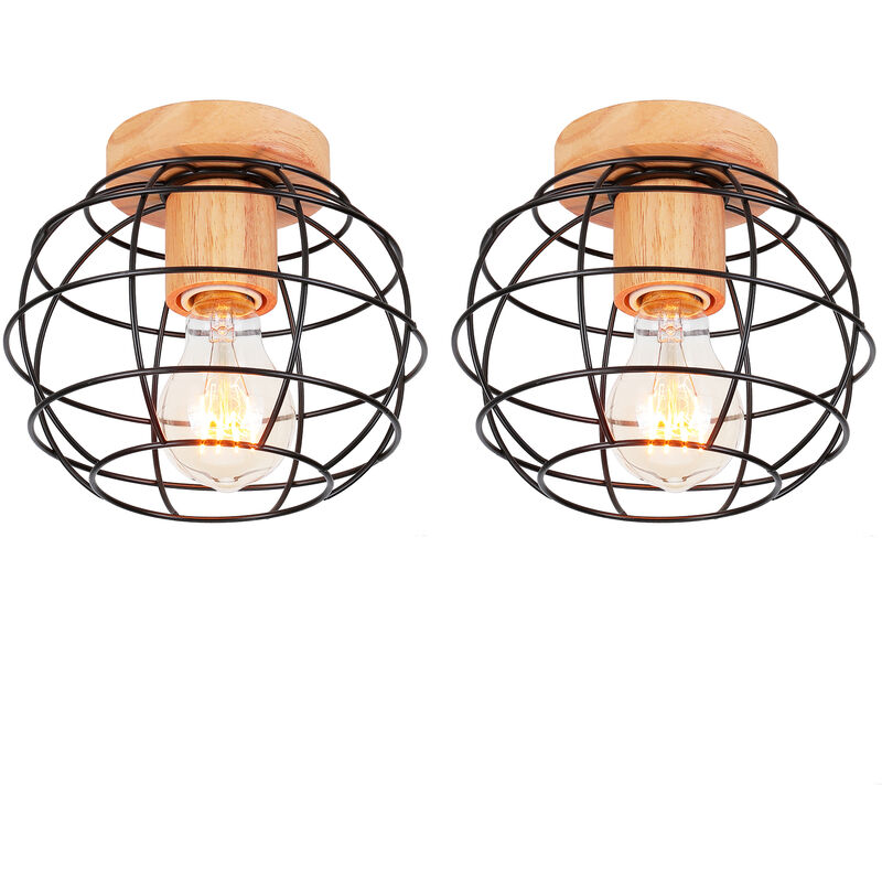 foto del prodotto axhup 2 pezzi lampada da soffitto interno industriale moderno lampadario gabbia rotonda in metallo e legno e27 40w per corridoio scale soggiorno
