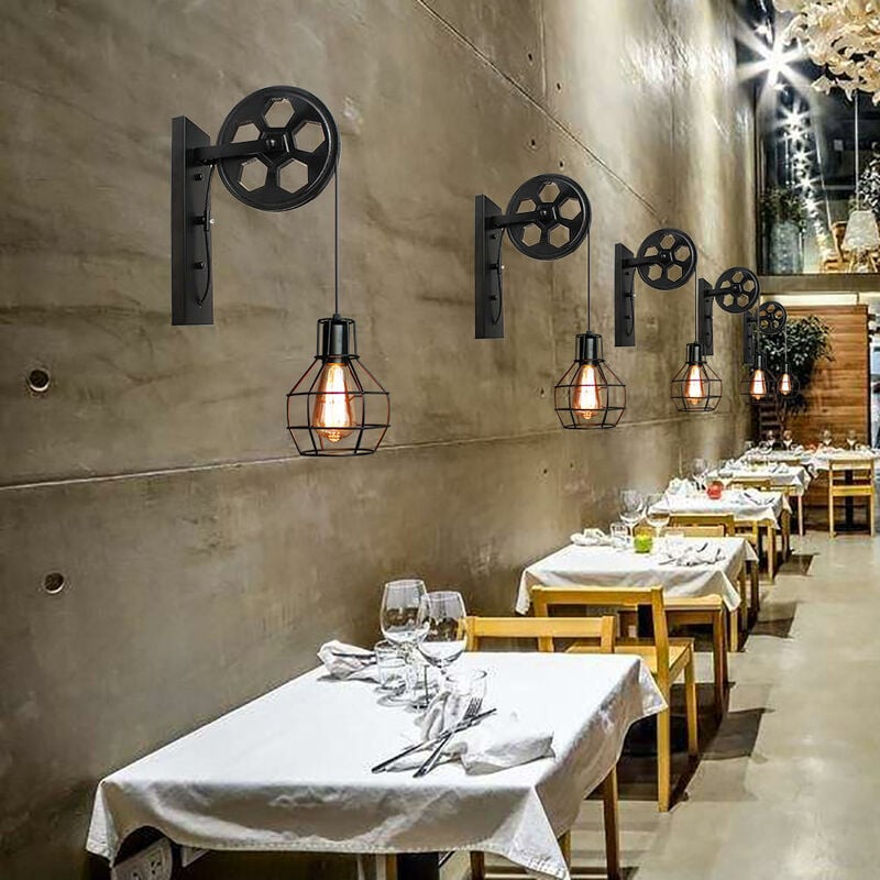 foto del prodotto axhup 2 pezzi retr luce a muro interno industriale e27 lampada a muro puleggia design per ristorante caffetteria nero