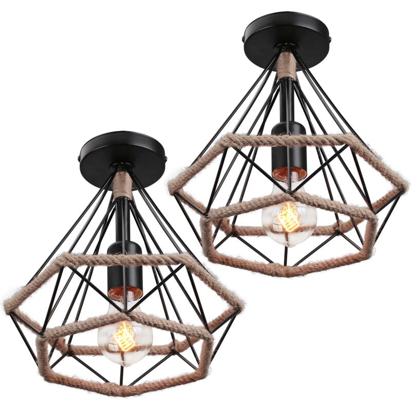 foto del prodotto axhup 2x lampada a sospensione, vintage lampada da soffitto in corda di canapa, plafoniere con 25cm gabbia di diamante nero 