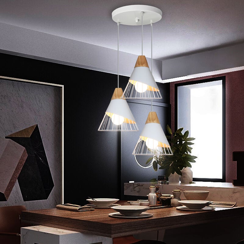 foto del prodotto axhup 3 luci e27 lampada a sospensione in lampadario con base rotonda plafoniera a forma di badminton lampadario per interni in metallo e legno per