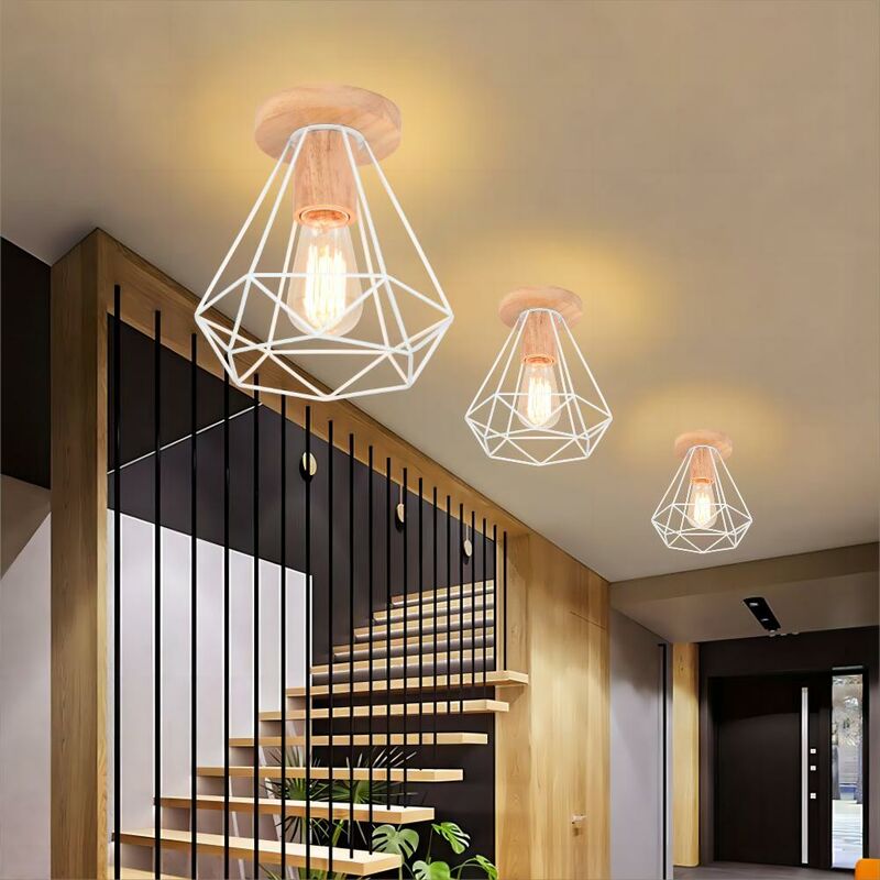 foto del prodotto axhup 3 pezzi industriale diamante lampada da soffitto gabbia diamante in metallo e legno e27 40w per corridoio scala camera da letto bianco