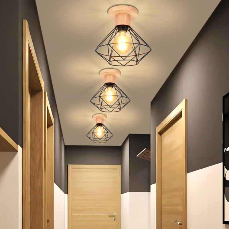 foto del prodotto axhup 3 pezzi industriale lampada da soffitto gabbia diamante in metallo e legno e27 lampadario per corridoio scala camera da letto nero