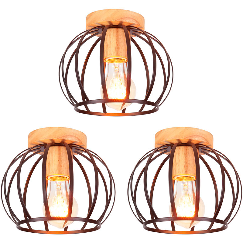 foto del prodotto axhup 3 pezzi lampada da soffitto interno industriale moderno in metallo e legno lampadario e27 gabbia rotonda per corridoio scale soggiorno nero