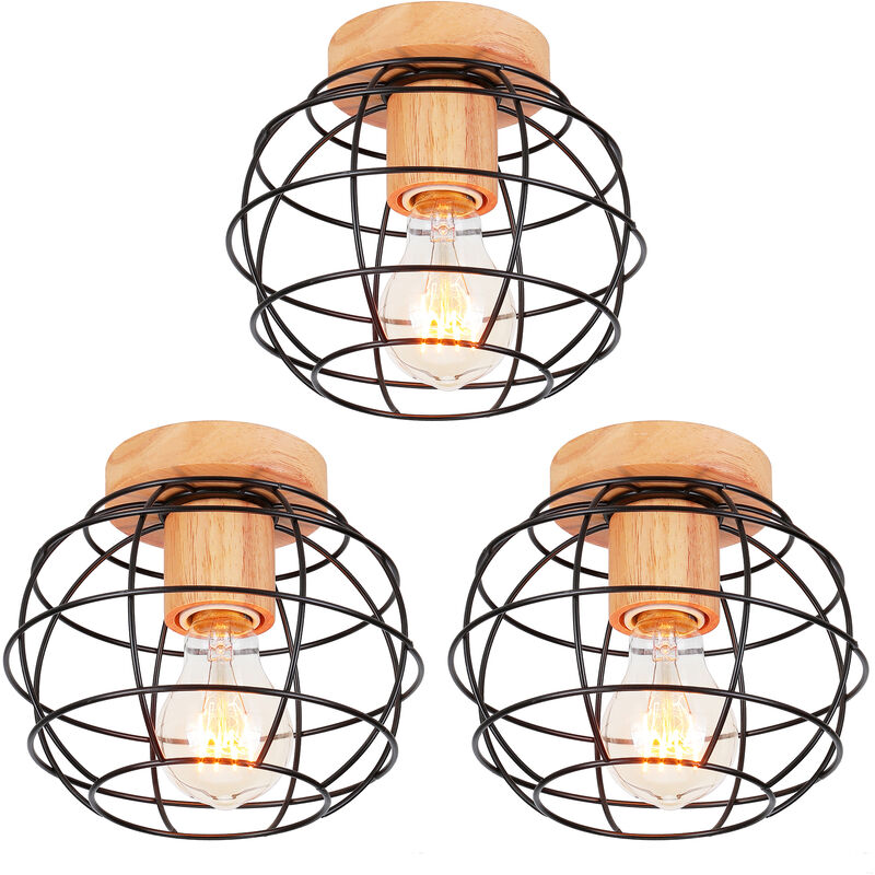 foto del prodotto axhup 3 pezzi lampada da soffitto interno industriale moderno lampadario gabbia rotonda in metallo e legno e27 40w per corridoio scale soggiorno