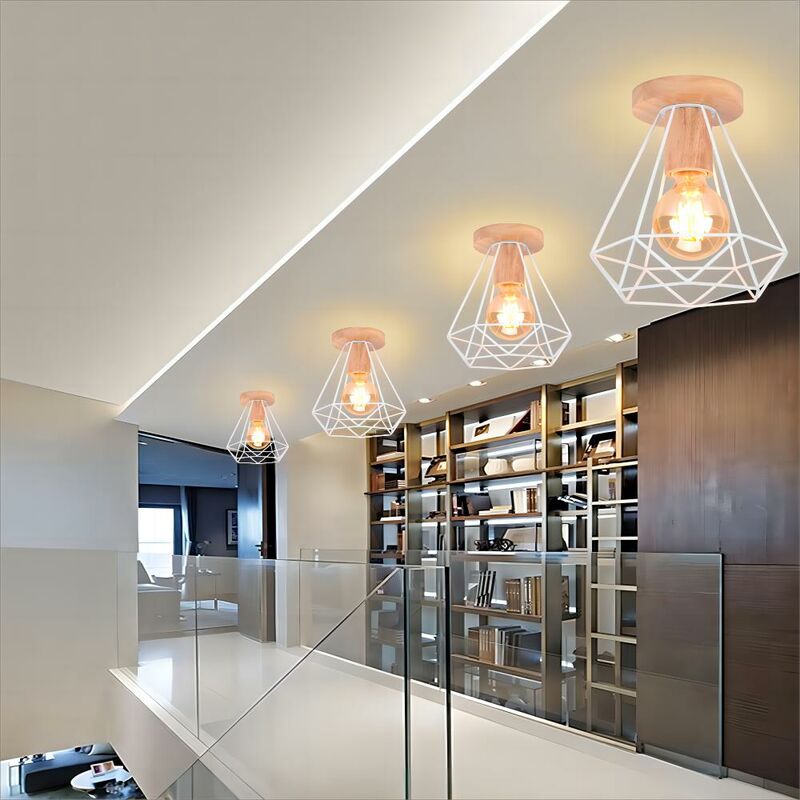 foto del prodotto axhup 4 pezzi industriale diamante lampada da soffitto gabbia diamante in metallo e legno e27 40w per corridoio scala camera da letto bianco