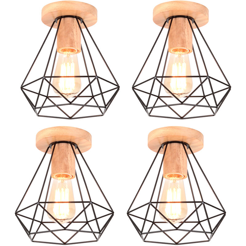 foto del prodotto axhup 4 pezzi industriale diamante lampada da soffitto gabbia diamante in metallo e legno e27 40w per corridoio scala camera da letto nero