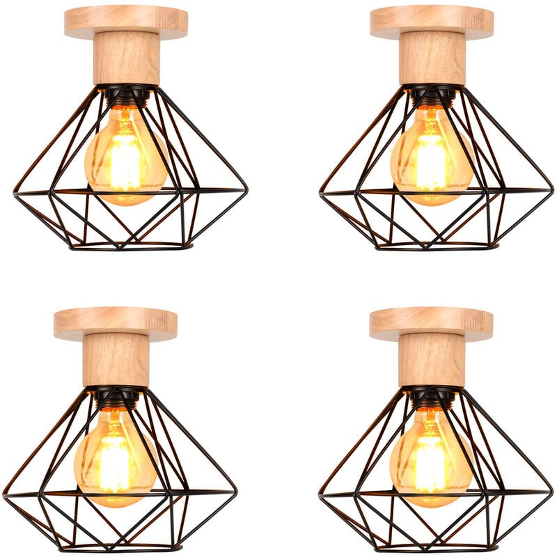 foto del prodotto axhup 4 pezzi industriale lampada da soffitto gabbia diamante in metallo e legno e27 lampadario per corridoio scala camera da letto nero