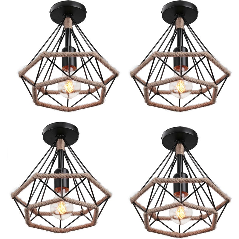 foto del prodotto axhup 4x lampada a sospensione, vintage lampada da soffitto in corda di canapa, plafoniere con 25cm gabbia di diamante nero 