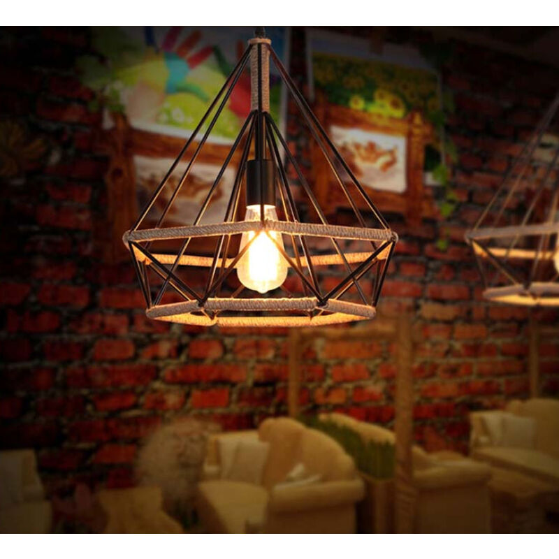 foto del prodotto axhup lampada a sospensione, plafoniera in corda di canapa, gabbia di diamante, lampadari per soggiorno cucina 1 luci