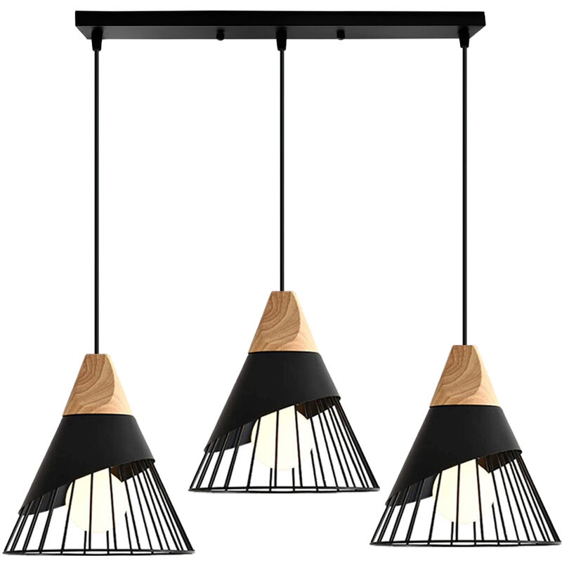 foto del prodotto axhup lampadario a sospensione 3 fili, con paralume in legno e metallo, di form a badminton per cucina ristorante sala da pranzo dormitorio nero 