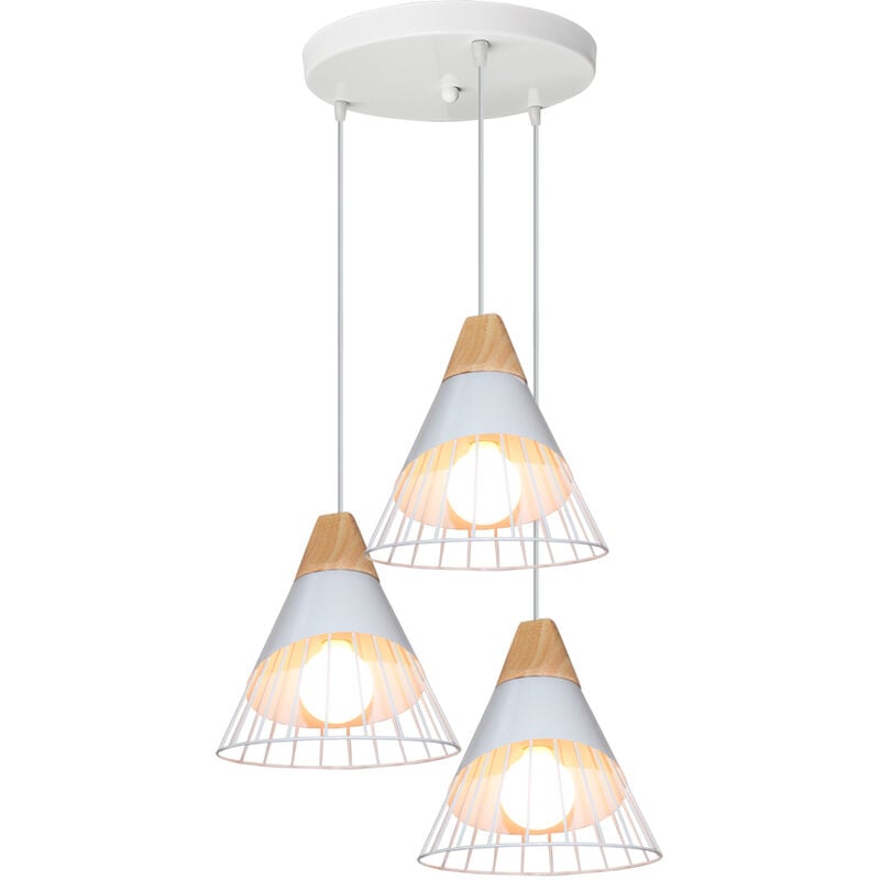 foto del prodotto axhup lampadario a sospensione, 3 luci vintage lampada da soffitto con paralume in legno e metallo, illuminazione di form a badminton per cucina