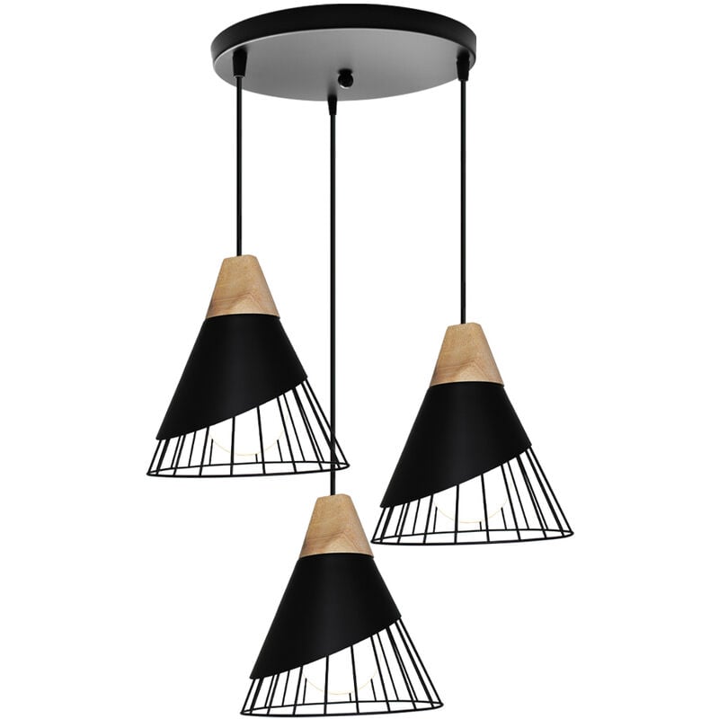 foto del prodotto axhup lampadario a sospensione, 3 luci vintage lampada da soffitto con paralume in legno e metallo, illuminazione di form a badminton per cucina