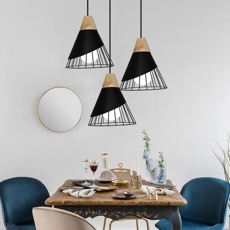foto del prodotto axhup lampadario a sospensione moderno a 3 luci a forma di badminton plafoniera in metallo e legno e27 apparecchio di illuminazione per sala da