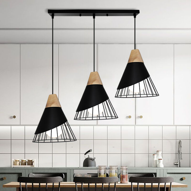 foto del prodotto axhup lampadario moderno industriale lampada a sospensione 3 luci e27 lampada a forma di badminton in metallo legno per cucina soggiorno camera da