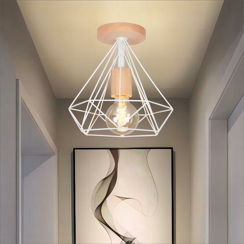 foto del prodotto axhup moderno lampada da soffitto industriale e27 25cm lampada forma di diamante in metallo e legno per corridoio scale soggiorno bianco