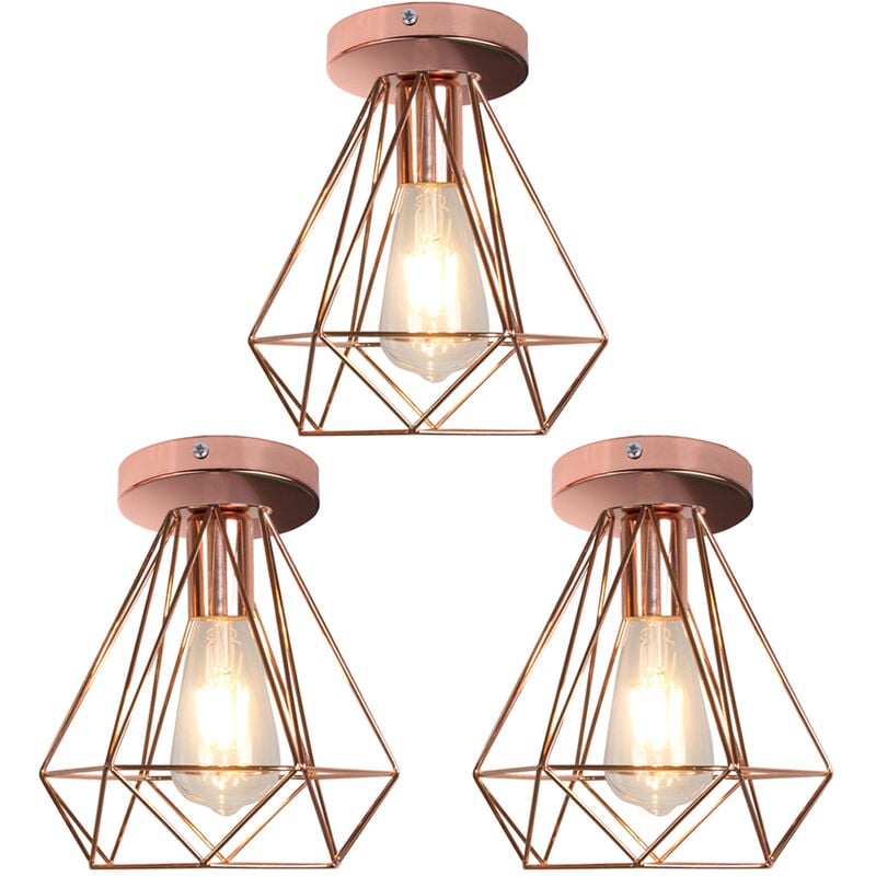 foto del prodotto axhup plafoniera in metallo, lampadario a soffitto con gabbia, 20cm diamante lampadario con e27 attacco 3x oro rosa 