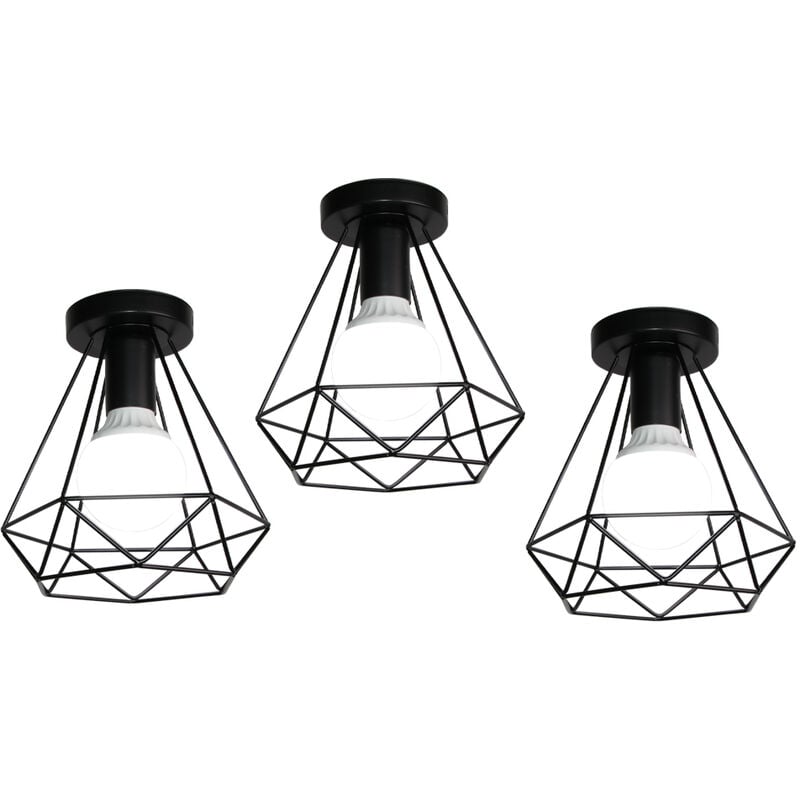 foto del prodotto axhup plafoniera soffitto, industriale stile lampada da soffitto in metallo, illuminazione con 20cm gabbia diamante attacco e27 nero 3 pezzi