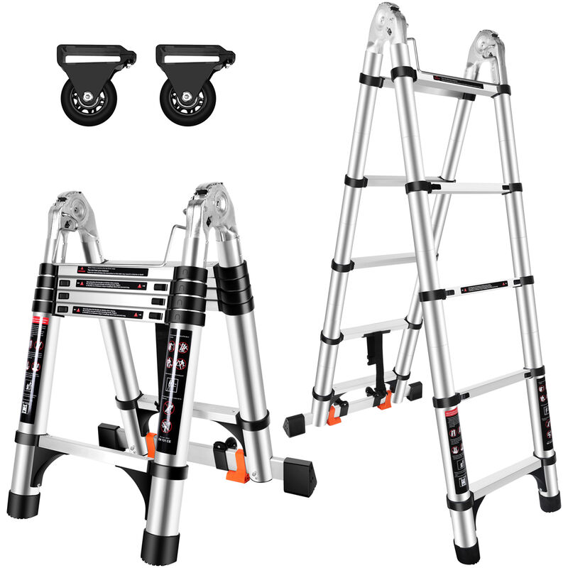 foto del prodotto axhup scala multiuso in alluminio da 3,2m 1,6m 1,6m scaletta telescopica con 2 ruote