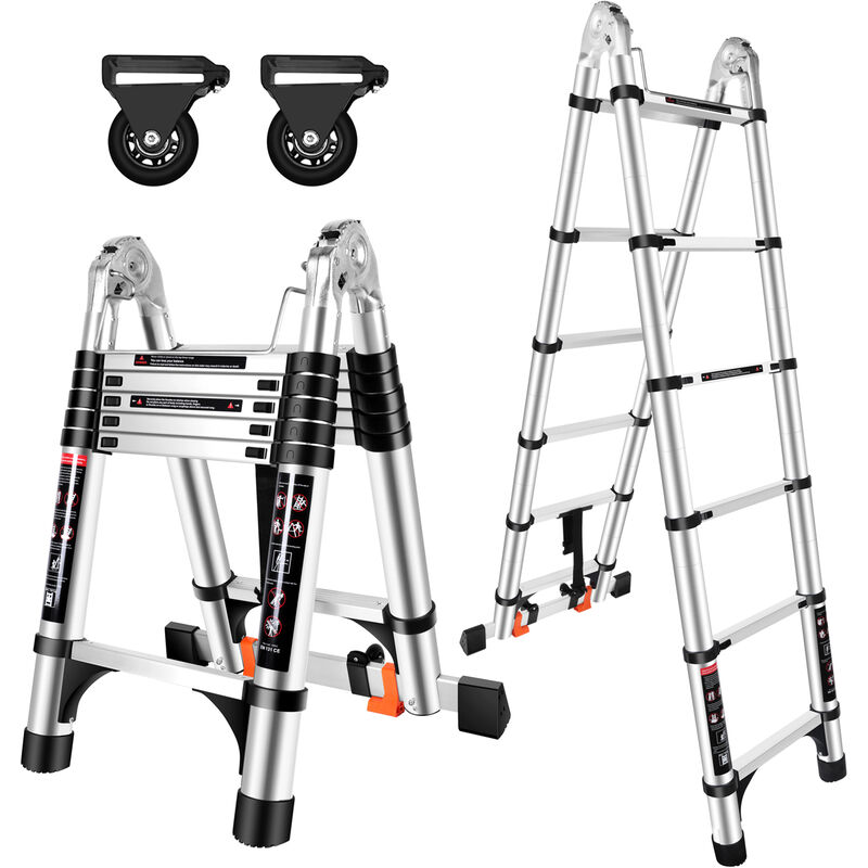 foto del prodotto axhup scala multiuso in alluminio da 3,8m 1,9m 1,9m scaletta telescopica con 2 ruote
