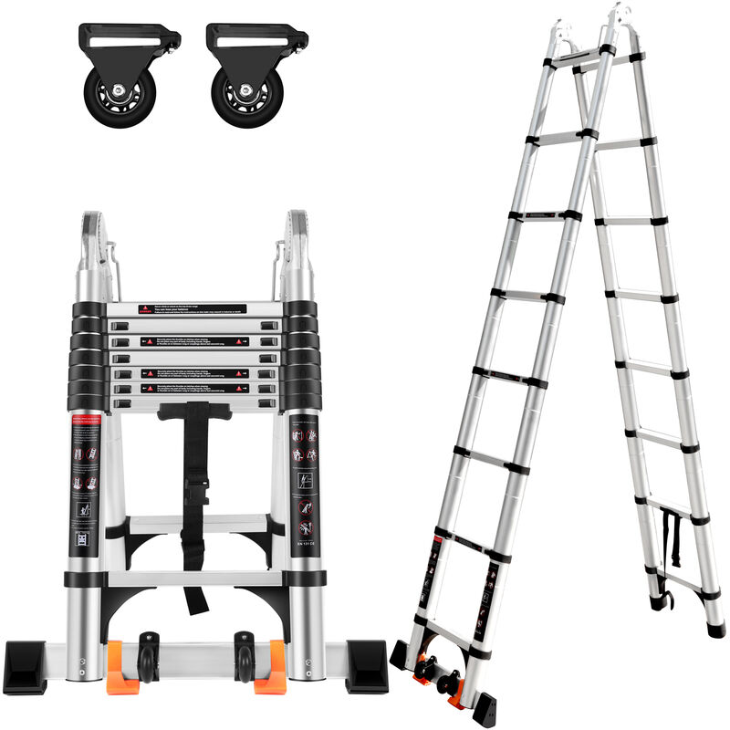 foto del prodotto axhup scala multiuso in alluminio da 5m 2,5m 2,5m scaletta telescopica con 2 ruote