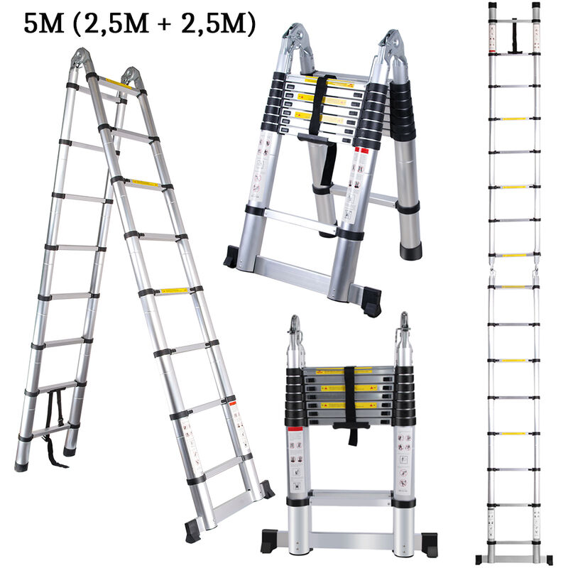 foto del prodotto axhup scala telescopica pieghevole, 5 metri scaletta in alluminio con barra stabilizzatrice gancio, carico di 150 kg plata 