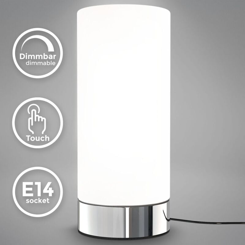 foto del prodotto b.k.licht lampada da comodino, forma a sfera, interruttore touch, luce da tavolo, abat jour dimmerabile, metallo cromato e vetro bianco, 25w,
