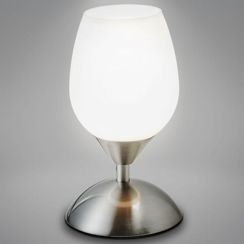 foto del prodotto b.k.licht lampada da comodino, forma a sfera, interruttore touch, luce da tavolo, abat-jour dimmerabile, metallo cromato e vetro bianco, 25w, attacco