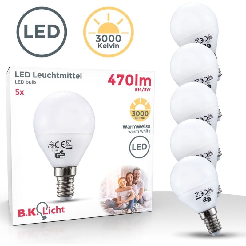 foto del prodotto b.k.licht - lampadine led luce calda con attacco e14 piccolo , 5w equivalenti a 40 w, 470 lumen, set di 5, luce a sfera per plafoniere e lampade,
