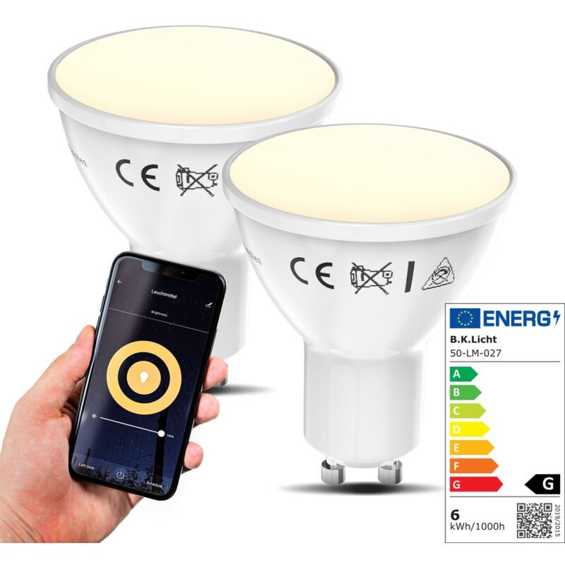 foto del prodotto b.k.licht lampadine led smart gu10, set di 2, dimmerabili con lo smartphone, luce calda 2700k, funzionano con app per ios e android, amazon alexa,