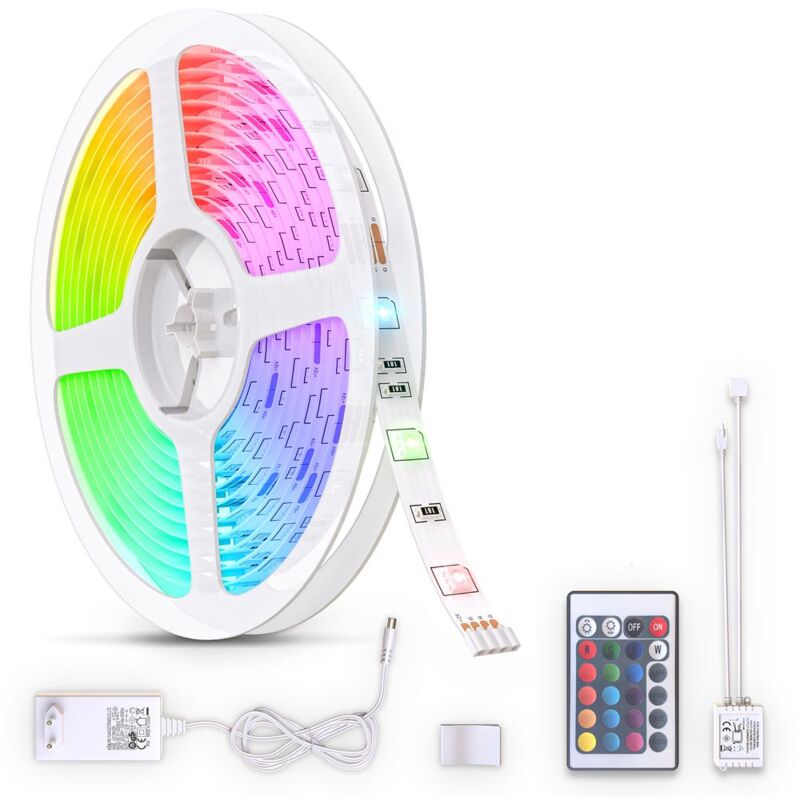 foto del prodotto b.k.licht striscia led 3m, cambio colori rgb con telecomando, dimmerabile, adesiva, accorciabile, nastro luminoso led, alimentatore spina europea,