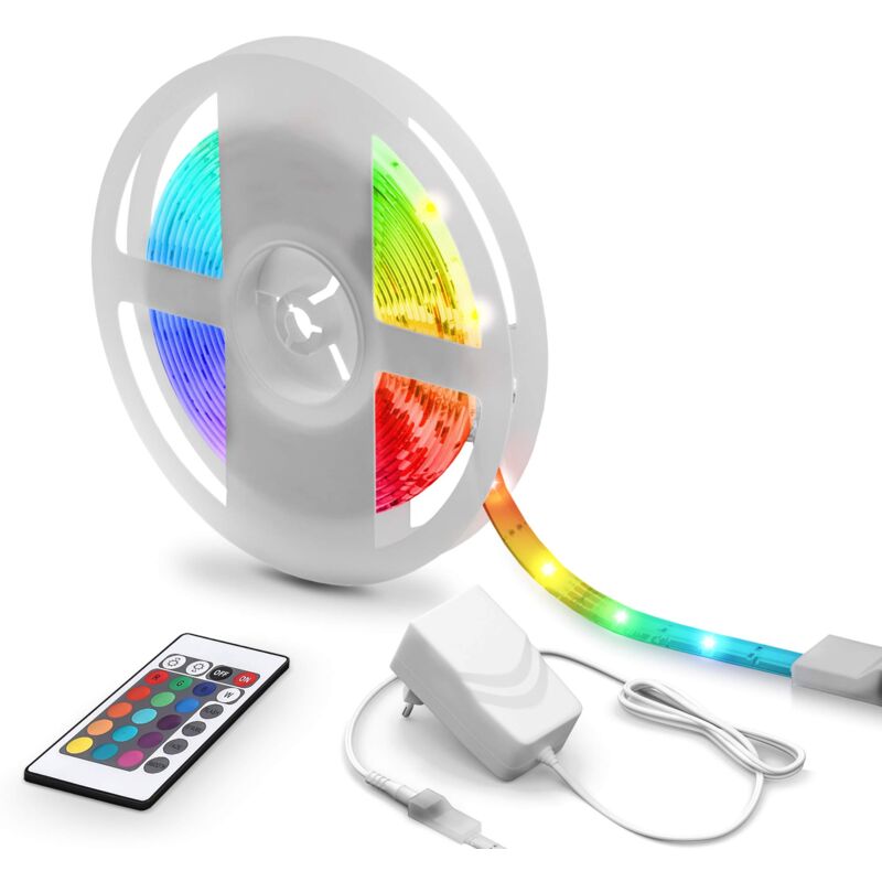 foto del prodotto b.k.licht striscia led rgb da 5m con telecomando, cambia colore, accorciabile, adesiva, nastro luminoso con rivestimento in silicone per soggiorno