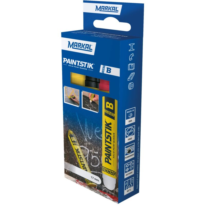 foto del prodotto b paintstik retail pack pennarelli per pittura x3 1 giallo 1 rosso 1 nero markal