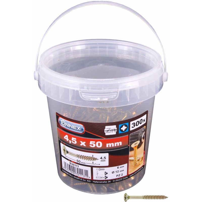 foto del prodotto b30111 vite per truciolari, con inserto pozidriv, venduta in secchiello da 300 pezzi, 4,5 x 50 mm, zincato connex