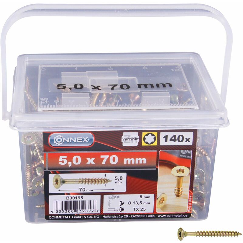 foto del prodotto b30195 secchio per viti uni screws, 5,0 x 70 tx, 160 pezzi, 5,0 x 70 mm connex