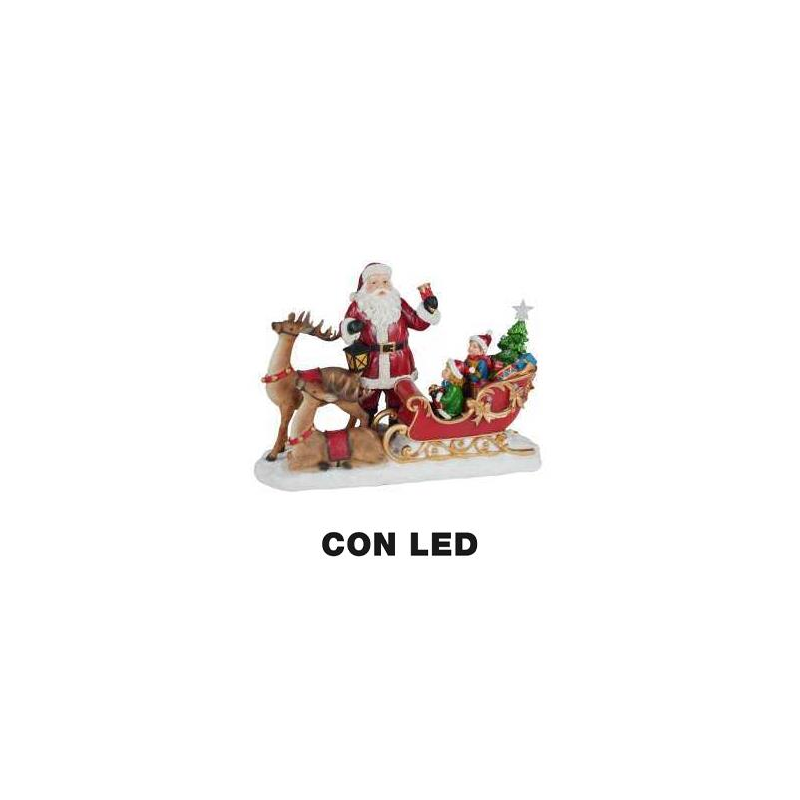 foto del prodotto babbo natale resina led con renna e slitta rosso cm 38,5x17,5h27