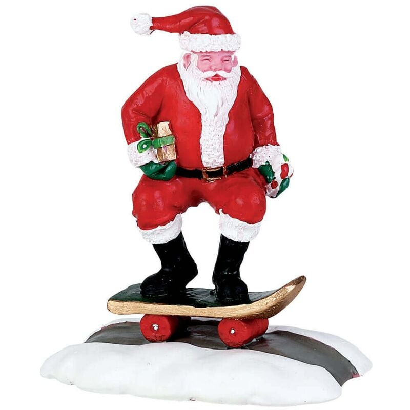 foto del prodotto babbo sullo skateboard, personaggio per villaggio di natale in poliresina